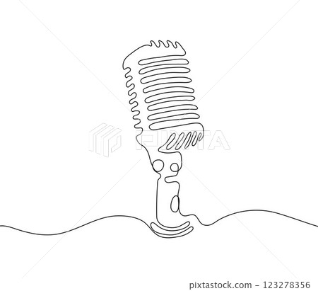 Minimalistic one continuous line drawing of a microphone with musical harmonics Minimalistic one continuous line drawing of a microphone with musical harmonics 123278356
