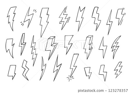 Hand drawn lightning bolt doodles in various styles. Comic art Hand drawn lightning bolt doodles in various styles. Comic art 123278357