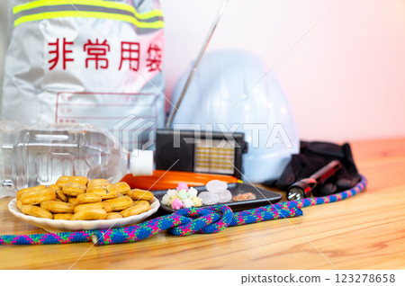 Contents of emergency evacuation bag and opened emergency food Contents of emergency evacuation bag and opened emergency food 123278658