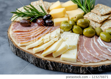 Delicious charcuterie board featuring sliced turkey, cheese, olives, and crackers Delicious charcuterie board featuring sliced turkey, cheese, olives, and crackers 123278871