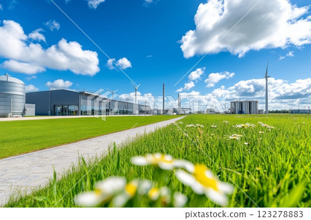 Biomethane production plant generating renewable energy in green landscape 123278883