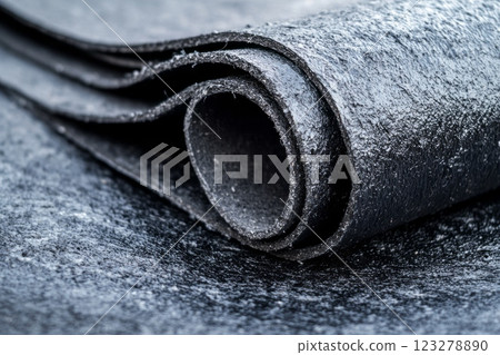 Roofing felt roll partially unrolled showing its inner layers, lying on a roof surface ready for installation 123278890