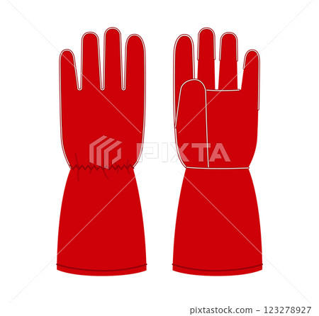 Welding Gloves Working hand accessory clothing red cartoon technical illustration garment. Vector front palm back view 123278927