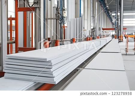 Stack of fiber cement boards stored in a large industrial warehouse, ready for shipping and use in construction 123278938
