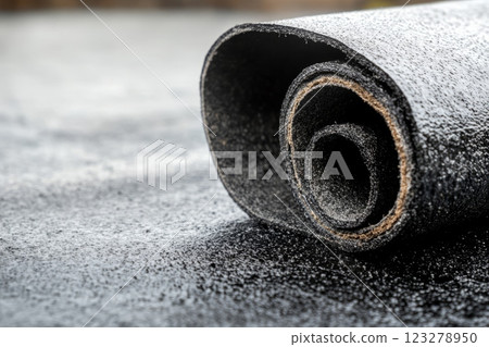 Roofing felt roll partially unrolled showing its inner layers, lying on a roof surface ready for installation 123278950