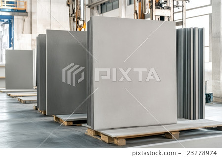 Fiber cement boards stacked at construction site with concrete walls 123278974