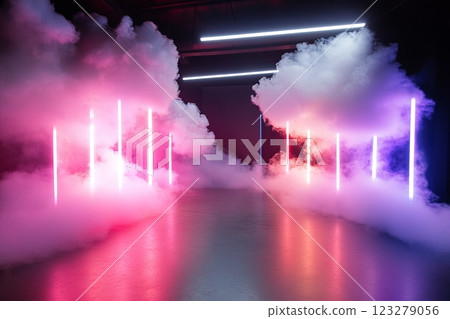 Futuristic neon party with immersive fog and laser beams, party ensuring high-impact visual spectacle 123279056