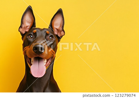 Doberman dog posing on colorful background with expressive faces and alert ears. 123279074