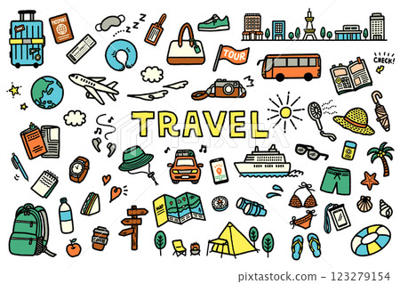 Travel summer vacation icon handwritten set cute white background 123279154