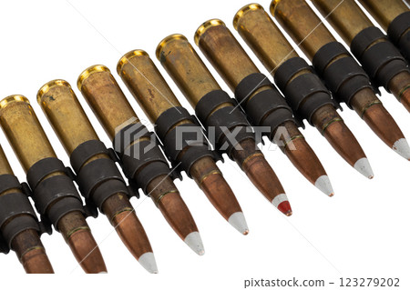 .50 BMG caliber machine gun ammunition belt with cartridges. .50 BMG caliber machine gun ammunition belt with cartridges. 123279202