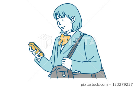 A high school girl listening to music with earphones on her smartphone 123279237