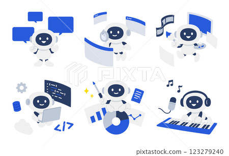 一組可以交談、調查、產生和編程的人工智慧機器人 [向量插圖素材] 123279240