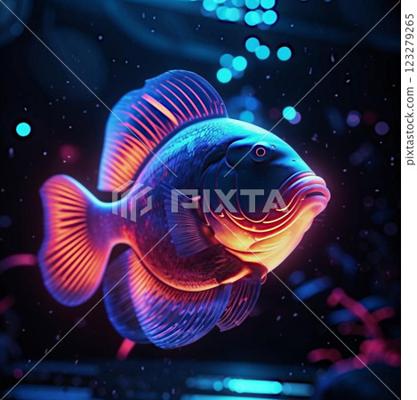 Fish in neon color. Beautiful fauna of the aukarium world. Fish in neon style. 123279265