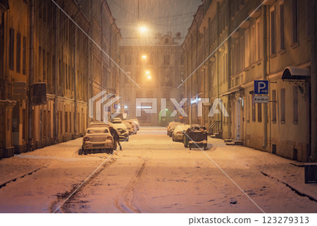 City streets of historical center at snowfall time. Saint Petersburg. Russia. City streets of historical center at snowfall time. Saint Petersburg. Russia. 123279313