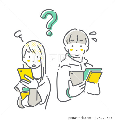 A simple and stylish line drawing of a college student dissatisfied with his smartphone 123279373