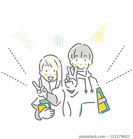 微笑的大學生做出 V 形手勢 — — 簡單而時尚的線條畫插圖 微笑的大學生做出 V 形手勢 — — 簡單而時尚的線條畫插圖 123279682