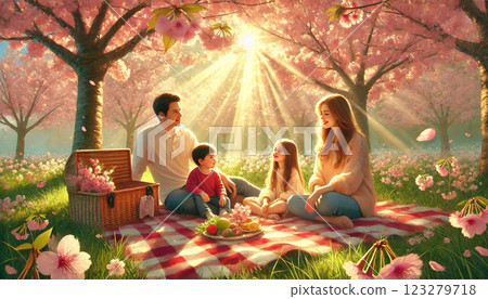 Family picnic under the spring cherry blossoms 123279718