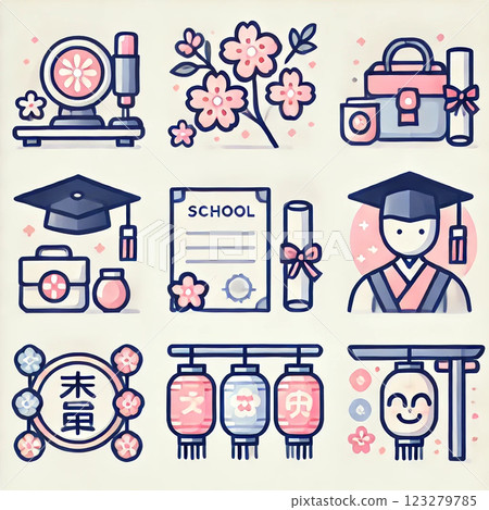 Spring event icon set - cherry blossom viewing, entrance ceremony, spring festival Spring event icon set - cherry blossom viewing, entrance ceremony, spring festival 123279785
