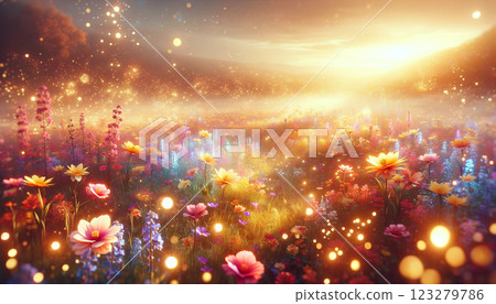Fantasy Spring Flower Field - A dreamlike landscape wrapped in light Fantasy Spring Flower Field - A dreamlike landscape wrapped in light 123279786