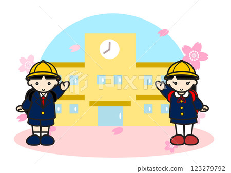 First grade boys and girls waving with their backs to the school building 123279792
