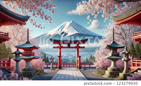富士山和紅色鳥居 - 日本傳統之美和四季風景 123279930