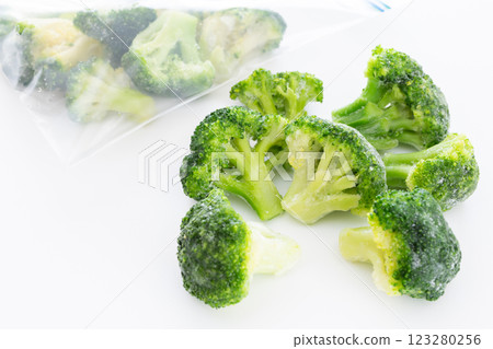 Frozen broccoli on a white background Frozen broccoli on a white background 123280256