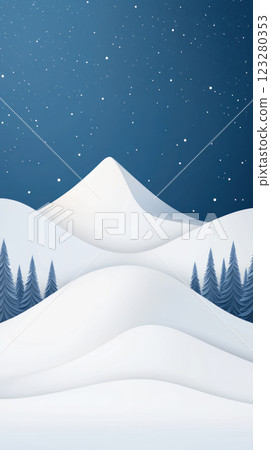 serene winter landscape featuring layered snowy mountains and evergreen trees under starry night sky 123280353