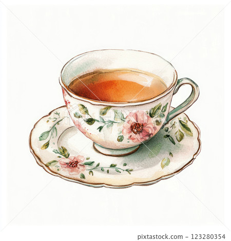delicate tea cup with floral design, filled with warm tea, evokes cozy atmosphere delicate tea cup with floral design, filled with warm tea, evokes cozy atmosphere 123280354