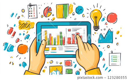 Hands holding tablet displaying financial data with colorful charts and graphs, surrounded by planning documents and strategy 123280355
