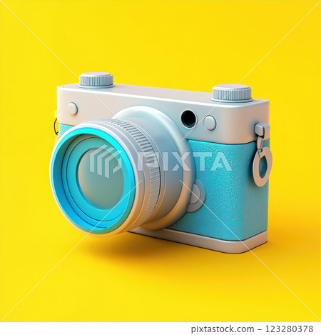 playful camera icon with vibrant blue and white design against bright yellow background, perfect for creative projects 123280378