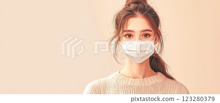 realistic depiction of individual wearing face mask for protection, calm demeanor, casual wear, minimalistic backdrop 123280379
