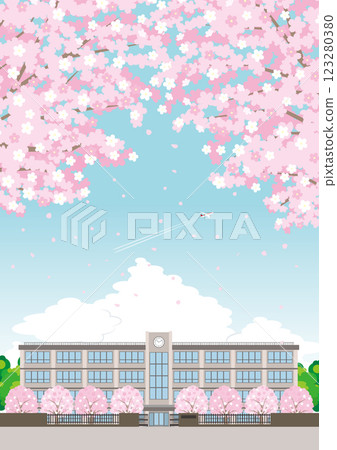 春天櫻花盛開的學校建築的插圖。 123280380
