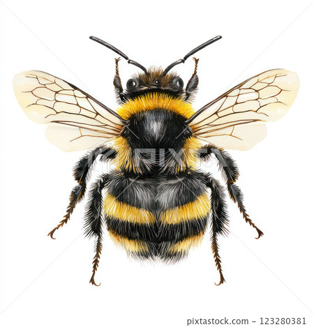 Watercolor painting of bumblebee with yellow and black stripes, isolated white background, showcasing sharp focus and high 123280381