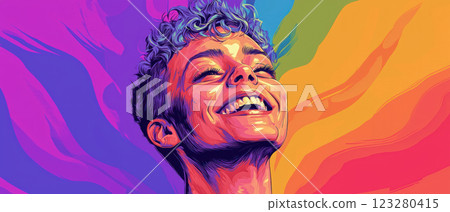 Smiling individual with curly hair, expressing joy and confidence in vibrant colors 123280415