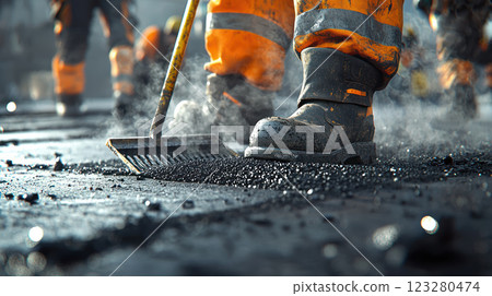 Paving road with hot asphalt, construction workers orange pants, steam rising, rugged safety boots, industrial setting 123280474