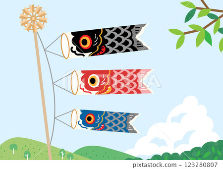 天空中飄揚著鯉魚旗的風景插圖 123280807