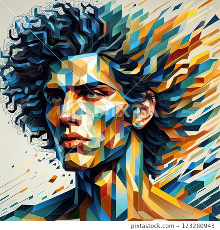 Geometric abstract portrait man face with Generative AI. 123280943