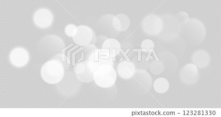 White bokeh, blurred grey background with sparkling lights, blurry glitter effect. 123281330