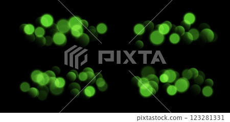 Green bokeh set, blurred background with sparkling lights, blurry glitter effect. 123281331