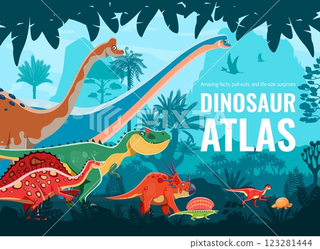 Prehistoric dinosaur character atlas book cover with jurassic era dino animals and jungle landscape vector background. Cartoon allosaurus, styracosaurus and edaphosaurus dinosaur characters 123281444