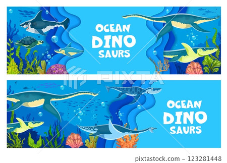 Underwater prehistoric dinosaurs and reptiles banners with vector paper cut sea water. Prehistoric sea dinosaurs and ocean marine reptiles for kids dino world atlas or paleontology museum banners 123281448