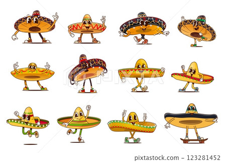 Funny groovy Mexican sombrero hat characters with happy smile, vector cartoon emoji. Groovy Mexican sombrero cartoon characters with funky silly face and Hi cool or hippie peace gesture for fiesta Funny groovy Mexican sombrero hat characters with happy smile, vector cartoon emoji. Groovy Mexican sombrero cartoon characters with funky silly face and Hi cool or hippie peace gesture for fiesta 123281452
