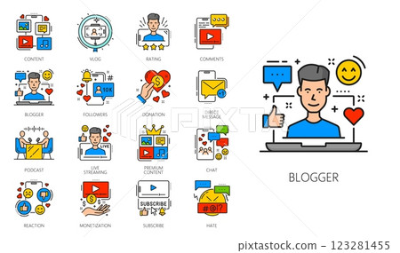 Blogging, social media content color line icons set. Online blogging linear vector symbols, web blogging content outline icons. Social media rating, followers and live streaming, podcast, vlog icons Blogging, social media content color line icons set. Online blogging linear vector symbols, web blogging content outline icons. Social media rating, followers and live streaming, podcast, vlog icons 123281455