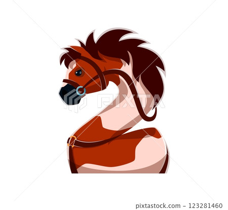 Number two as a horse head with bridle and flowing mane, math 2 symbol. Isolated vector cowboy font, wild west typeface, western type, sheriff English alphabet for equestrian, farm or kids education 123281460