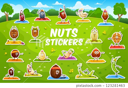 Stickers pack of nut and seeds characters on yoga fitness sport. Brazil nut, sunflower seed and cashew, almond, walnut, coconut funny vector personages doing yoga exercises in park vector stickers set 123281463
