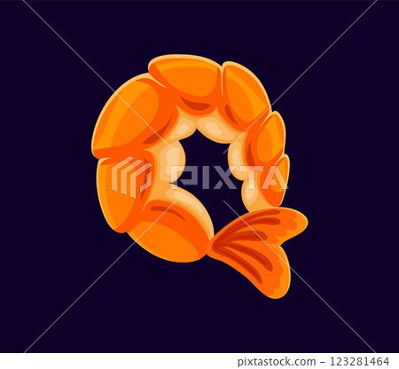 Fast food shrimp meal cartoon alphabet font letter Q. Takeaway menu seafood cartoon alphabet letter. Fastfood appetizer vector ABC typeset symbol or street cafe snack English font typeset element 123281464