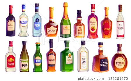 Cartoon alcohol bottles of liquor and wine drinks or bar beverages, vector icons. Champagne and whiskey or scotch and brandy with rum and tequila, absinthe and vodka with grappa alcohol drink bottles 123281470