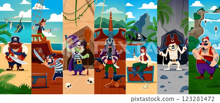 Cartoon pirate and corsair characters collage, vector Halloween holiday and piracy. Funny captain, sailor and skipper of pirate ship, witch corsair and mummy filibuster characters with hats and guns Cartoon pirate and corsair characters collage, vector Halloween holiday and piracy. Funny captain, sailor and skipper of pirate ship, witch corsair and mummy filibuster characters with hats and guns 123281472