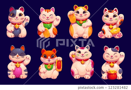 Cartoon lucky japanese maneki neko cats characters, money and fortune vector symbols. Cute kawaii maneki neko with koban coin, fish or gold pot waving paw. Oriental traditional white cat talismans 123281482