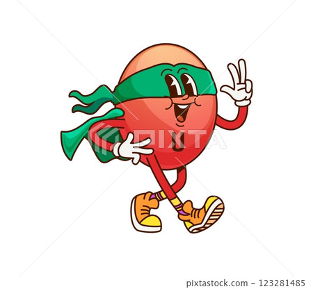 Cartoon groovy vitamin U superhero character. Isolated vector S-methylmethionin red super hero pill, comics defender retro personage wearing green cape and mask, supplement bubble flashing peace sign Cartoon groovy vitamin U superhero character. Isolated vector S-methylmethionin red super hero pill, comics defender retro personage wearing green cape and mask, supplement bubble flashing peace sign 123281485